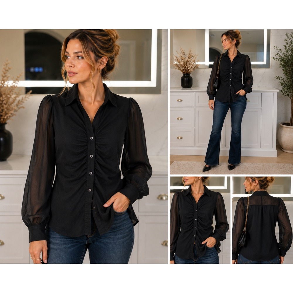 New York & Company Blouse Womens M Black Ruched Puff Sleeve‎ Button Front Shirt